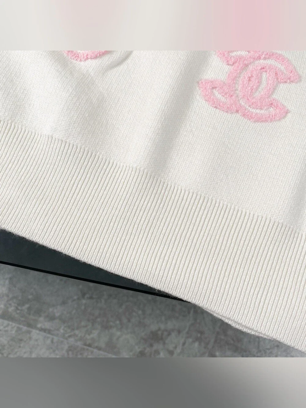 CHANEL White Crewneck Sweater with Pink CC Motifs